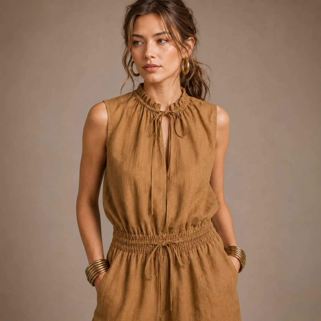 Nao | Kamelfarbener Rollkragen-Jumpsuit mit weitem Bein